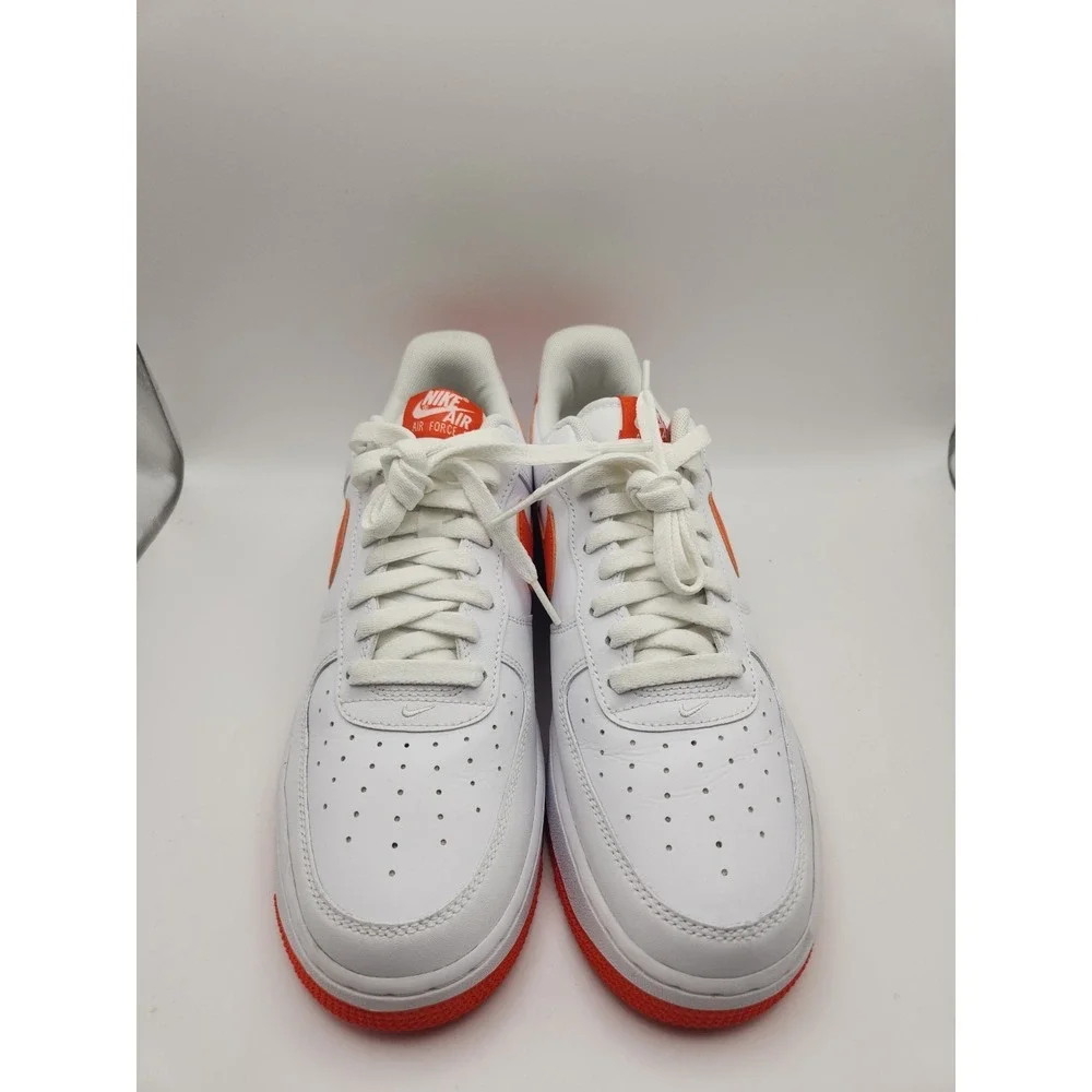 Nike Air Force 1 Low Top Men's Sneaker White/Orange Leather Lace-Up Rubber 9 1/2
